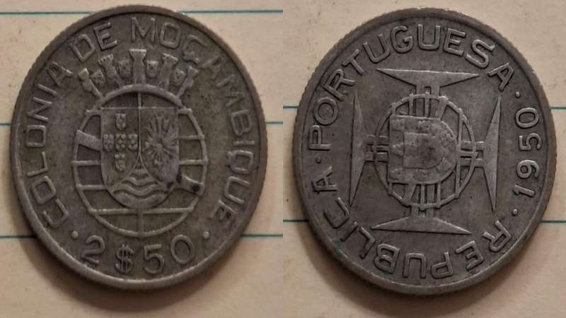 1950 - Mozambique - 2.50 Escudos - Coat of arms - Demonetised Yes - Silver (.650)
