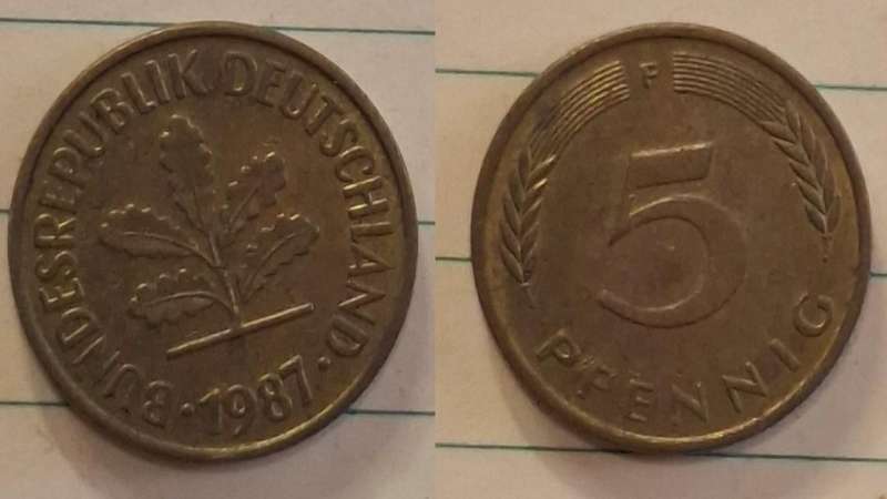 1987 F - Germany - 5 Pfennig - Oak seedling - Demonetised Dec 2001 - Brass clad steel 