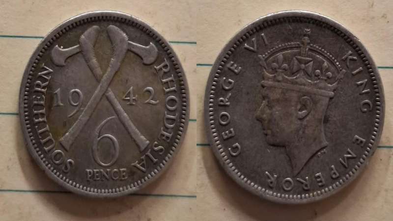 1942 - Rhodesia - 6 Pence  - George VI - Demonetised Jun 1965 - Silver (.925)