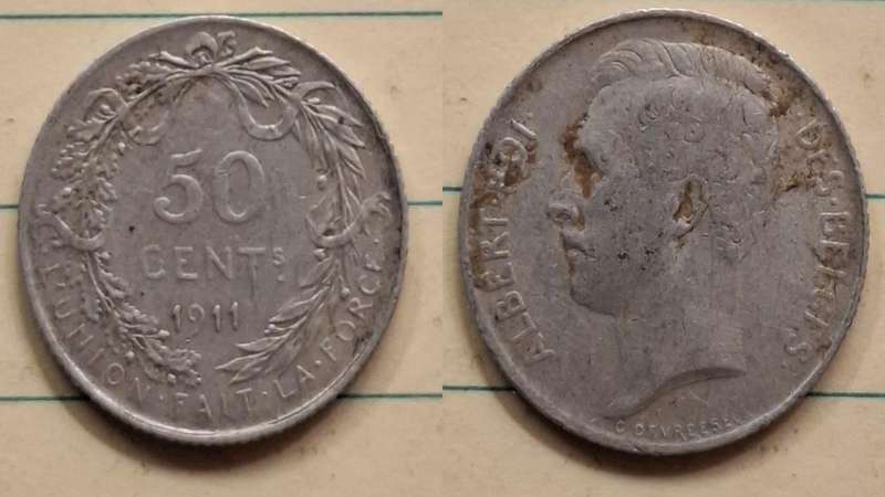 1911 - Belgium - 50 Cents - Albert I French text - Demonetised Jun 1932 - Silver (.835) 