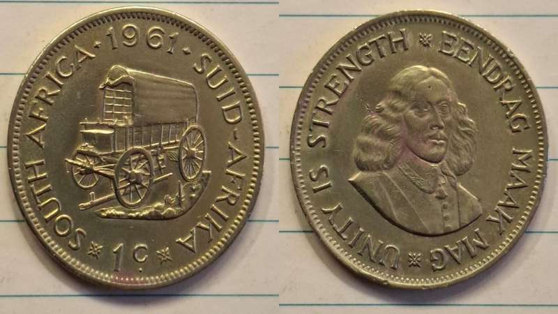 1961 - South Africa - 1 Cent -  Cleaned - Jan van Riebeeck -  - Brass