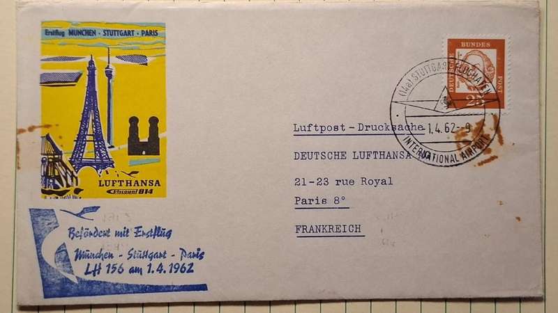 1962 - Germany - Lufthansa First Flight  Munchen-Stuttgart-Paris - Postmark Stuttgart International