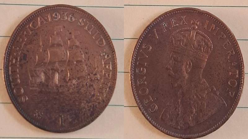 1936 - South Africa - 1 Penny -  Cleaned - George V - Demonetised Mar 1961 - Brass