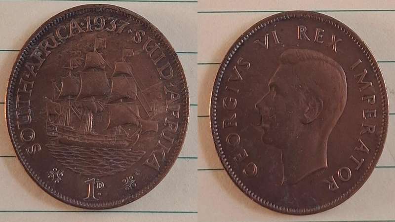 1937 - South Africa - 1 Penny -  Cleaned - George VI - Demonetised Mar 1961 - Brass