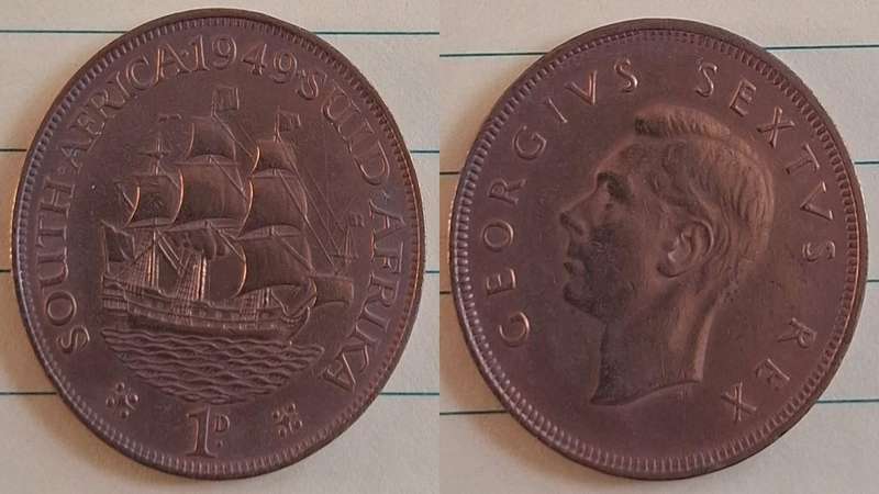 1949 - South Africa - 1 Penny -  Cleaned - George VI - Demonetised Mar 1961 - Brass