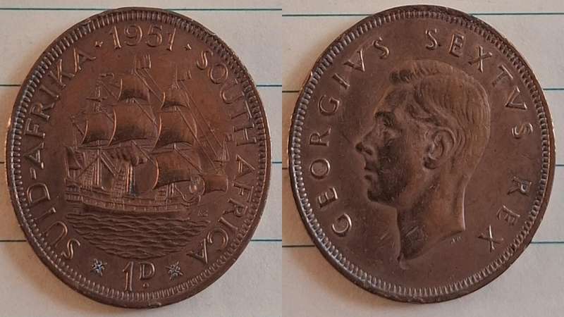 1951 - South Africa - 1 Penny -  Cleaned - George VI - Demonetised Mar 1961 - Brass