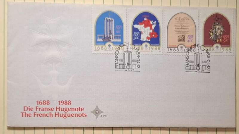 1988 - RSA - FDC with insert - Embossed - The French Huguenots 4.25 - Postmark Franschhoek