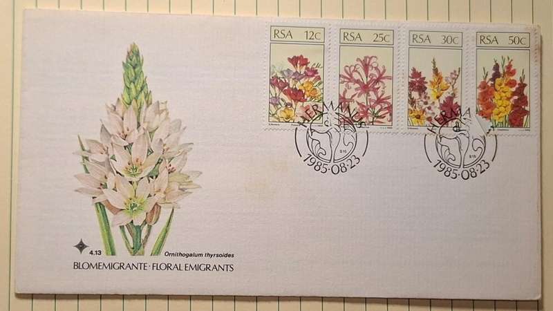 1985 - RSA - FDC with insert - Floral Emigrants 4.13 -  Postmark Hermanus