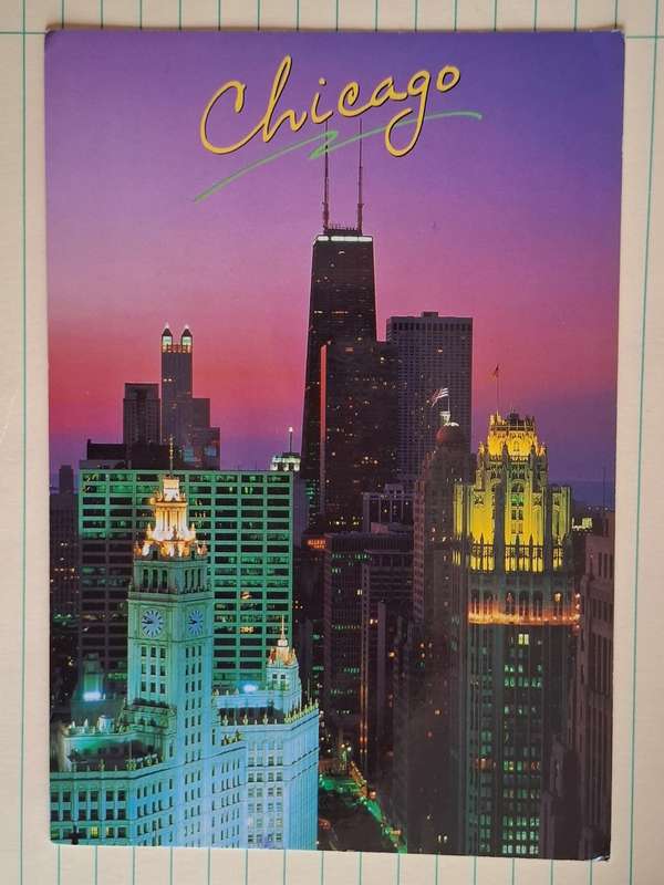 Chicago  -  An aerial view of North Michigan Avenue at dusk -  Unused Post Card
