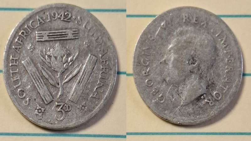 1942 - South Africa - 3 Pence  - George VI - Demonetised Yes - Mar 1961 - Silver (.800)