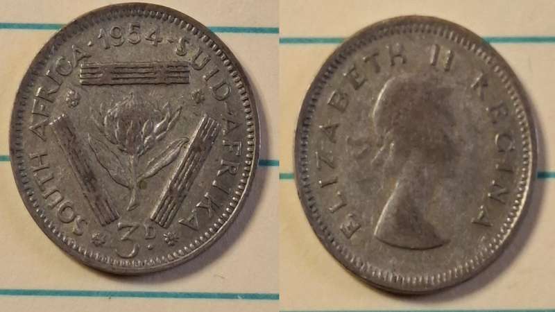 1954 - South Africa - 3 Pence  - Elizabeth II - Demonetised Yes - Mar 1961 - Silver (.500)