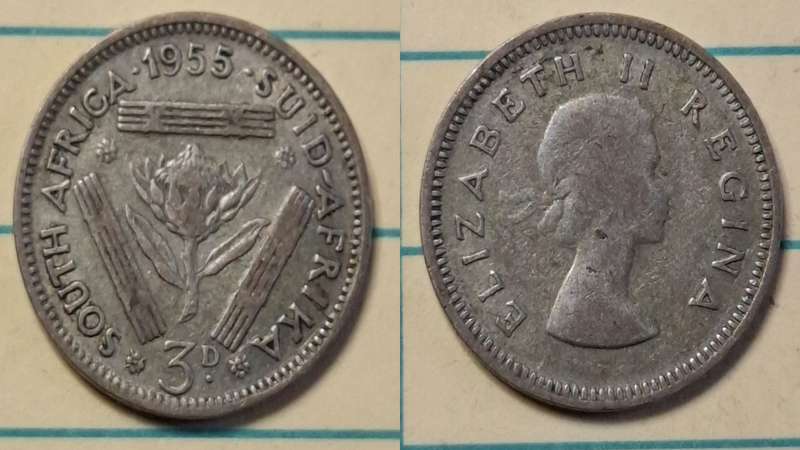 1955 - South Africa - 3 Pence  - Elizabeth II - Demonetised Yes - Mar 1961 - Silver (.500)