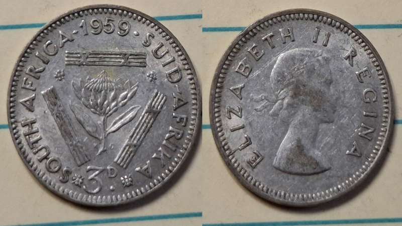 1959 - South Africa - 3 Pence  - Elizabeth II - Demonetised Yes - Mar 1961 - Silver (.500)