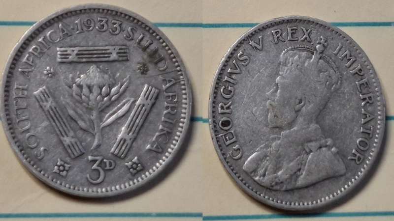 1933 - South Africa - 3 Pence  - George V - Demonetised Yes - Mar 1961 - Silver (.800)
