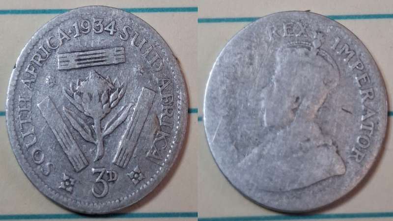 1934 - South Africa - 3 Pence  - George V - Demonetised Yes - Mar 1961 - Silver (.800)