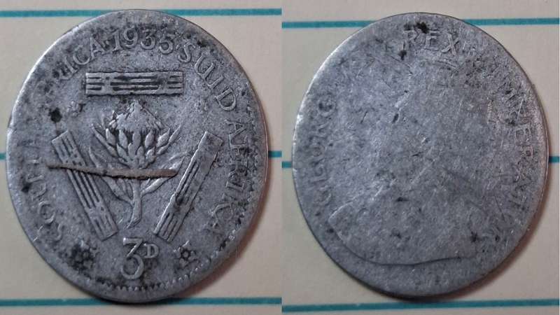 1935 - South Africa - 3 Pence  - George V - Demonetised Yes - Mar 1961 - Silver (.800)