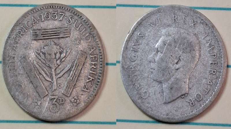 1937 - South Africa - 3 Pence  - George VI - Demonetised Yes - Mar 1961 - Silver (.800)