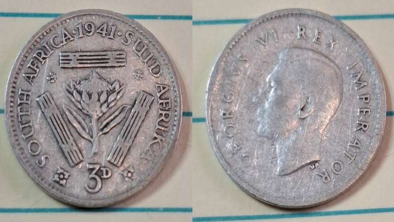 1941 - South Africa - 3 Pence  - George VI - Demonetised Yes - Mar 1961 - Silver (.800)