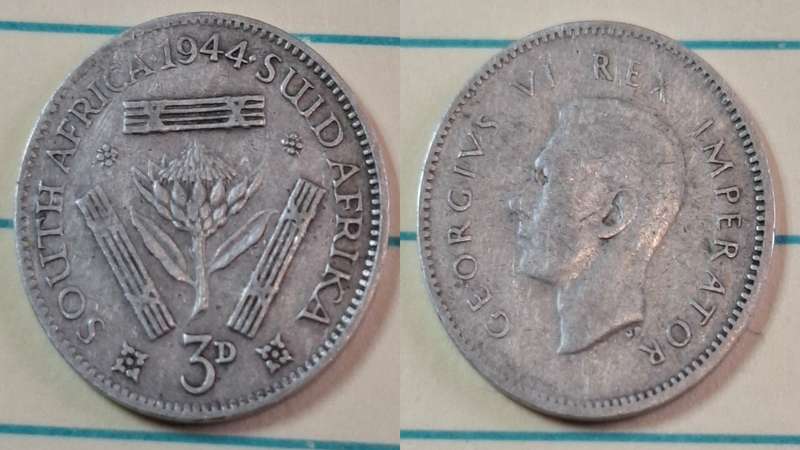 1944 - South Africa - 3 Pence  - George VI - Demonetised Yes - Mar 1961 - Silver (.800)