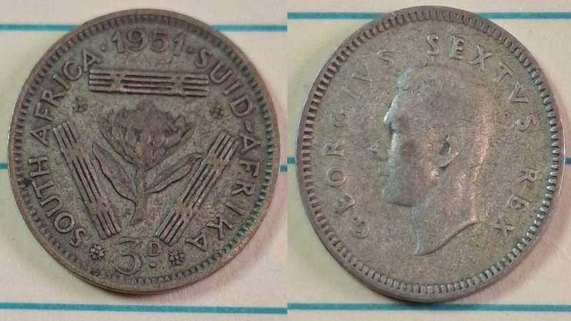 1951 - South Africa - 3 Pence  - George VI - Demonetised Yes - Mar 1961 - Silver (.500)