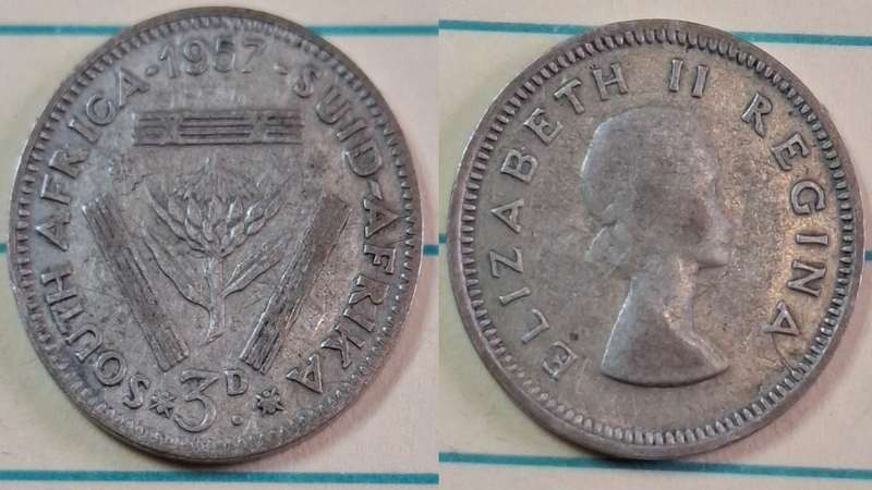 1957 - South Africa - 3 Pence  - Elizabeth II - Demonetised Yes - Mar 1961 - Silver (.500)