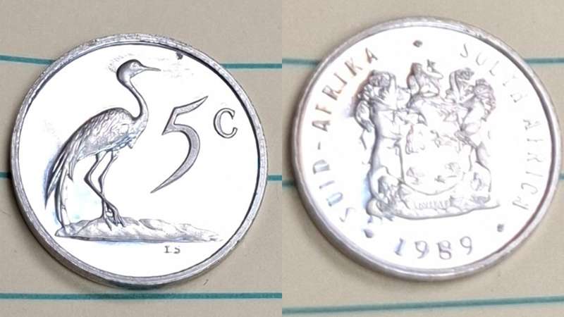 1989 - South Africa - 5 c Proof - Coat of Arms/Blue crane -  - Nickel