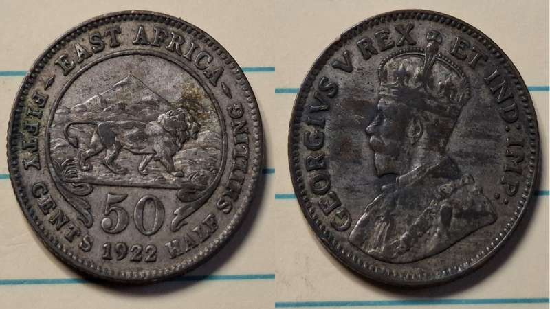1922 - East Africa - 50 cents - half shilling - George V - Demonetised Yes - Billon (.250 silver)