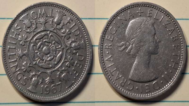1967 - UK - 2 Shilling - Elizabeth II - Demonetised June 1993 - Copper-nickel