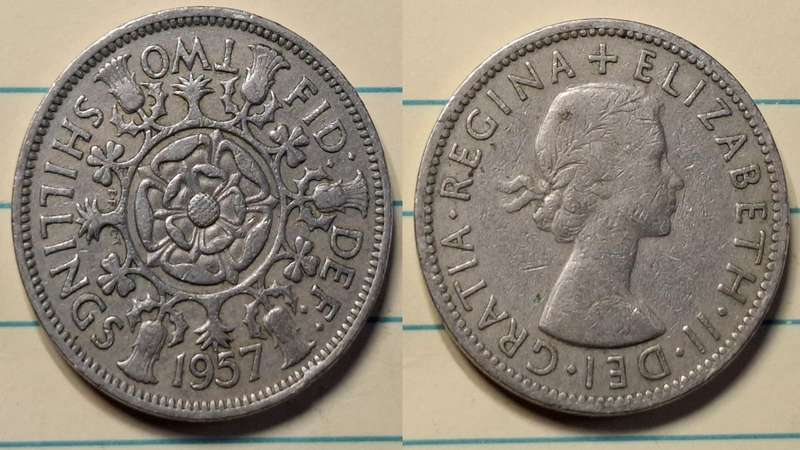 1957 - UK - 2 Shilling - Elizabeth II - Demonetised June 1993 - Copper-nickel