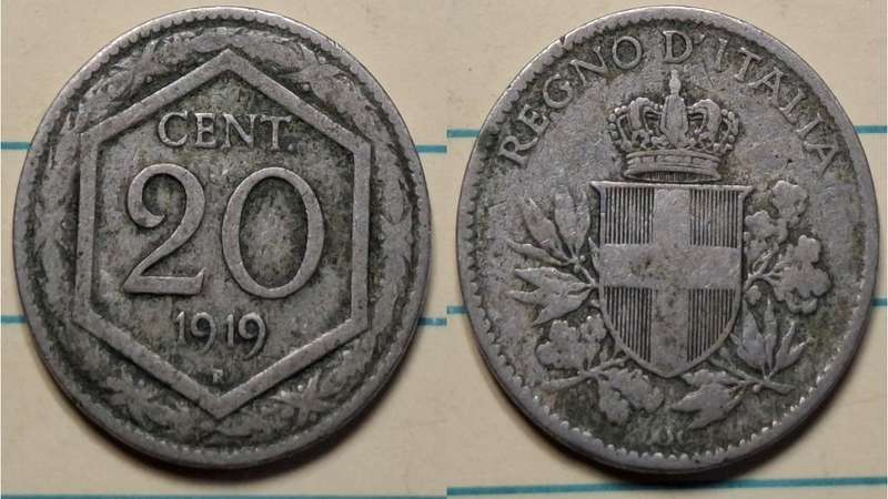 1919 - Italy - 20 Centesimi - Crowned Savoia Shield - Demonetised Yes - Copper-nickel