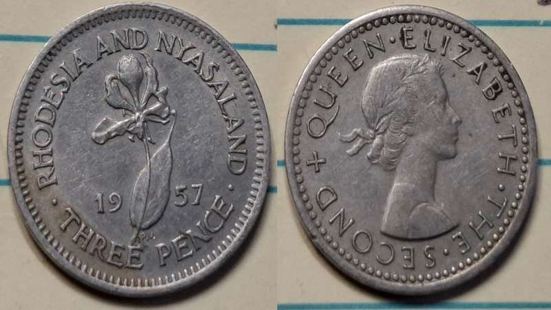 1957 - Rhodesia and Nyasaland - 3 Pence  - Elizabeth II - Demonetised June 1965 - Copper-nickel