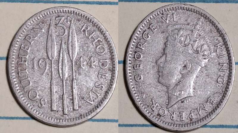 1944 - Southern Rhodesia -  3 Pence - George VI - Demonetised -  June 1965  - Silver (.500)