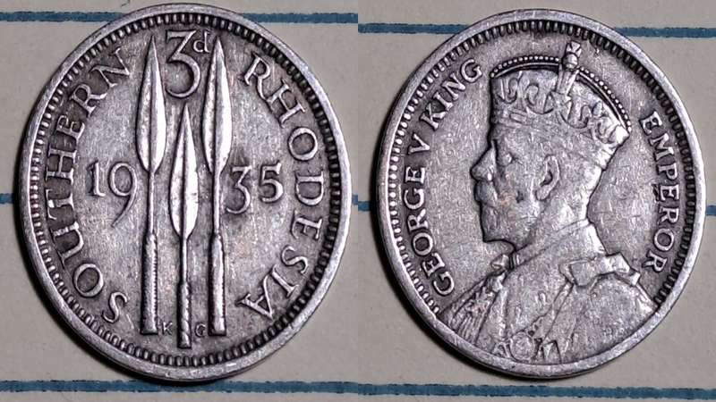 1935 - Southern Rhodesia -  3 Pence - George VI - Demonetised -  June 1965  - Silver (.925)"