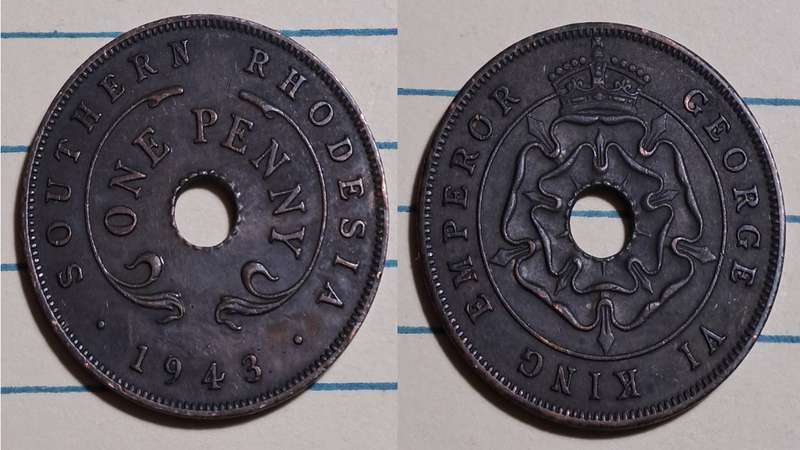1943 - Southern Rhodesia -  1 Penny - George VI - Demonetised -  Jan 1973  - Bronze"
