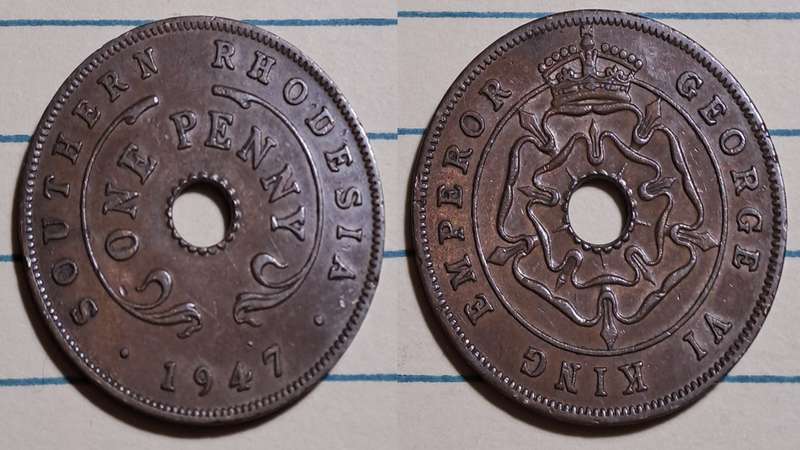1947 - Southern Rhodesia -  1 Penny - George VI - Demonetised -  Jan 1973  - Bronze"