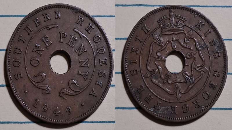 1949 - Southern Rhodesia -  1 Penny - George VI - Demonetised -  Jan 1973  - Bronze"