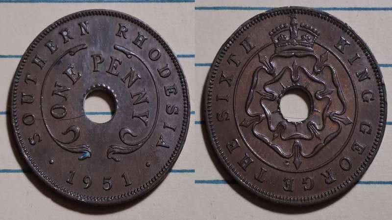1951 - Southern Rhodesia -  1 Penny - George VI - Demonetised -  Jan 1973  - Bronze"