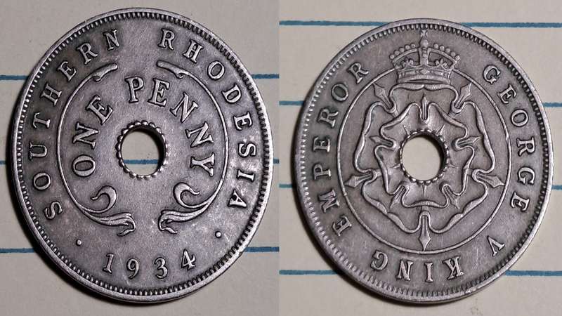 1934 - Southern Rhodesia -  1 Penny - George V - Demonetised -  Jan 1973  - Copper-nickel