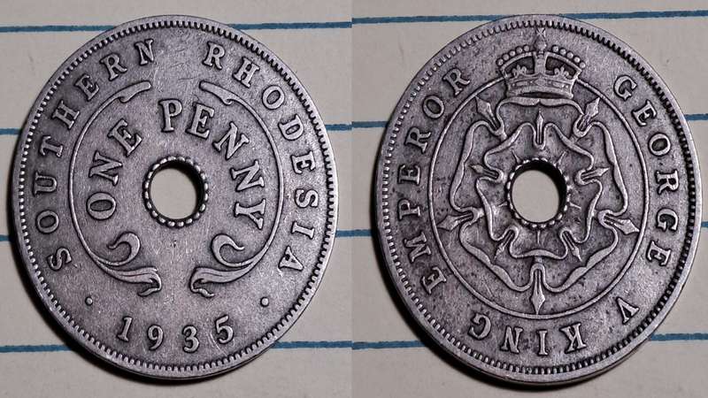 1935 - Southern Rhodesia -  1 Penny - George V - Demonetised -  Jan 1973  - Copper-nickel