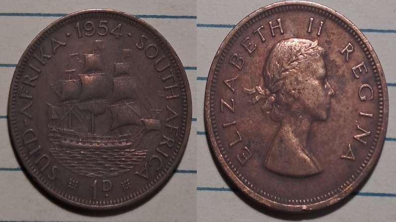 1954 - South Africa/Suid Afrika  - 1 Penny - Elizabeth II  - Demonetised - Mar 1961  -  Bronze
