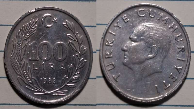 1988 - Turkey  - 100 Lira - Demonetised - Yes  - Copper-nickel