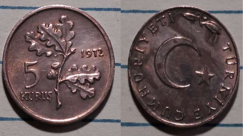 1972 - Turkey  - 5 Kuruş - Demonetised - Yes  - Bronze