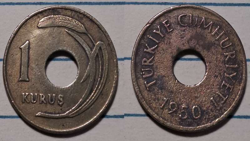 1950 - Turkey  - 1 Kuruş - Demonetised - Yes  - Brass