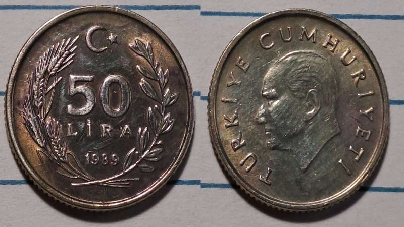 1989 - Turkey  - 50 Lira - Demonetised - Yes  - Brass