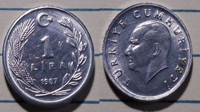 1987 - Turkey  - 1 Lira - Demonetised - Yes  - Aluminium