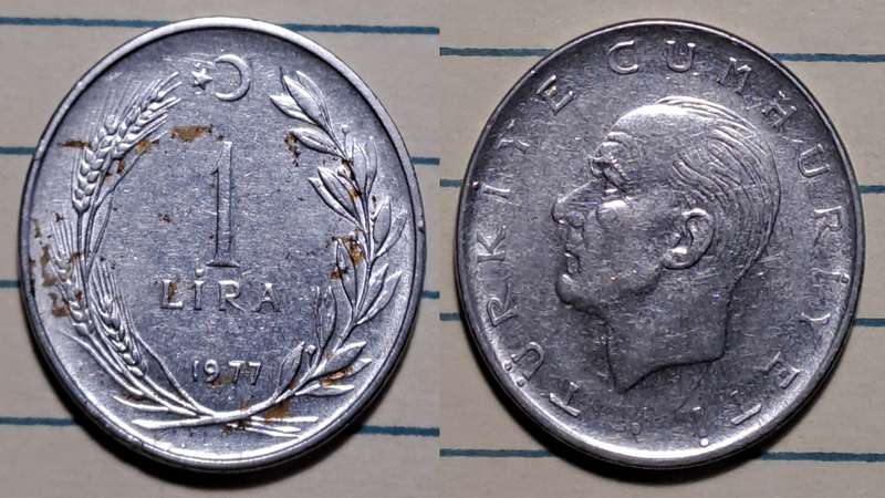 1977 - Turkey  - 1 Lira - Demonetised - Jan 2006  - Acmonital