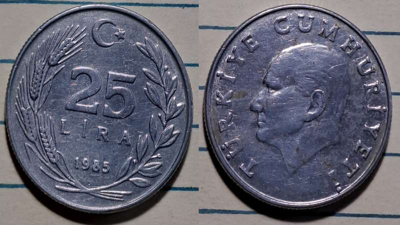 1985 - Turkey  - 25 Lira - Demonetised - Yes  - Aluminium