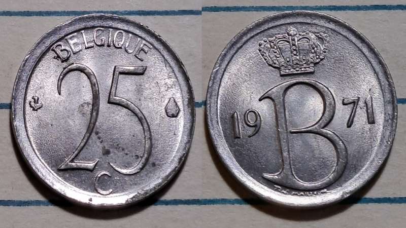 1971 - Belgium  - 25 Centimes - Baudouin I French text  - AU/UN - Demonetised - Jul 1980  - Copper-n