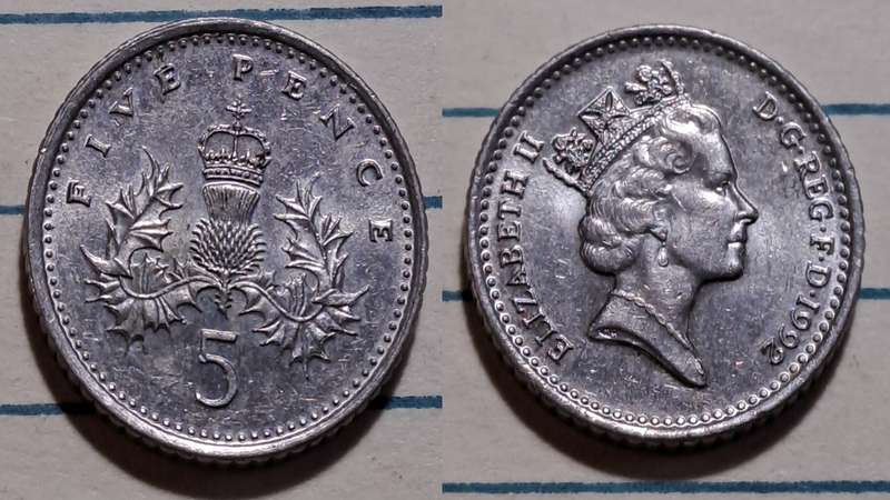 1992 - UK  - 5 Pence - Elizabeth II - Demonetised -No  - Copper-nickel