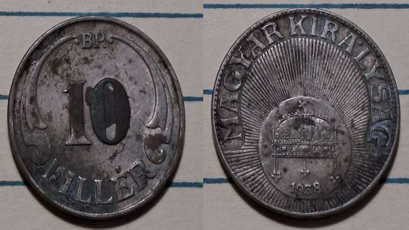 1938 - Hungary  - 10 Fillér - Miklós Horthy - Demonetised  -Apr 1942  - Copper-nickel
